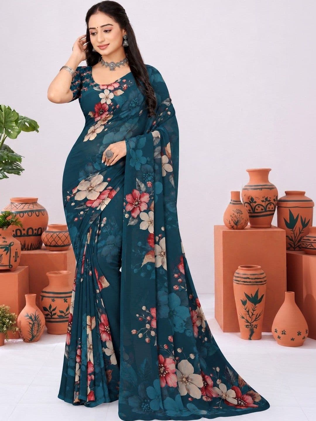 Tanuza Fashion Floral Pure Georgette Saree - view 1