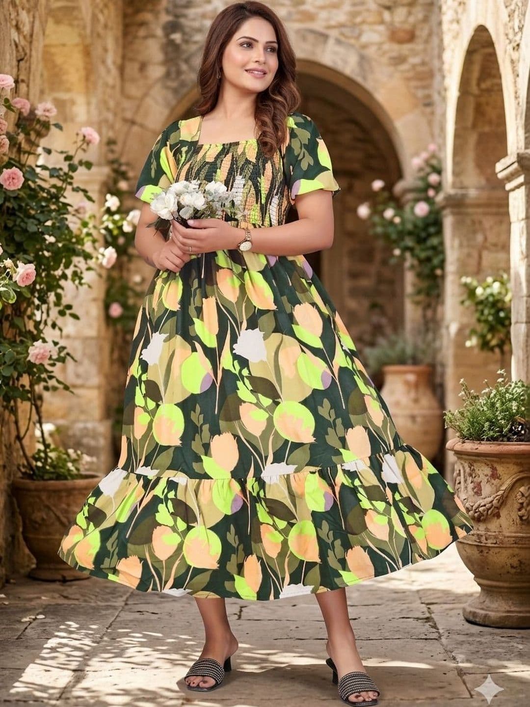 MANDIV FASHION Floral Print Crepe A-Line Midi Dress - view 1