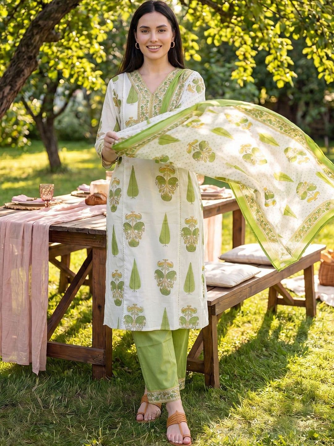 Indo Era Women Floral Printed Regular Pure Cotton Kurta with Trousers & With Dupatta - view 1