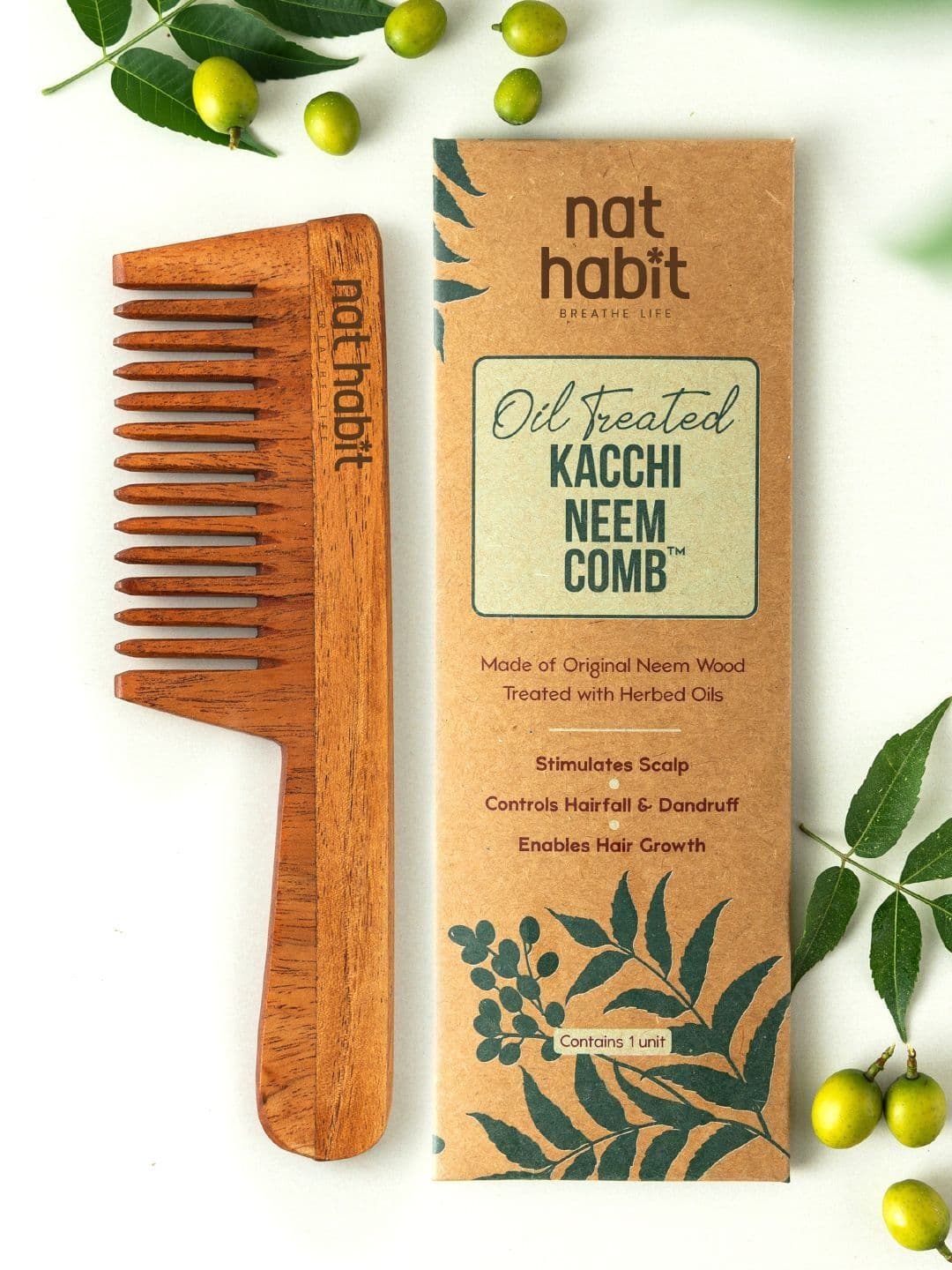 Nat Habit Kacchi Neem Handmade Wide Wooden Tooth Comb for Long Thick Hair - view 1