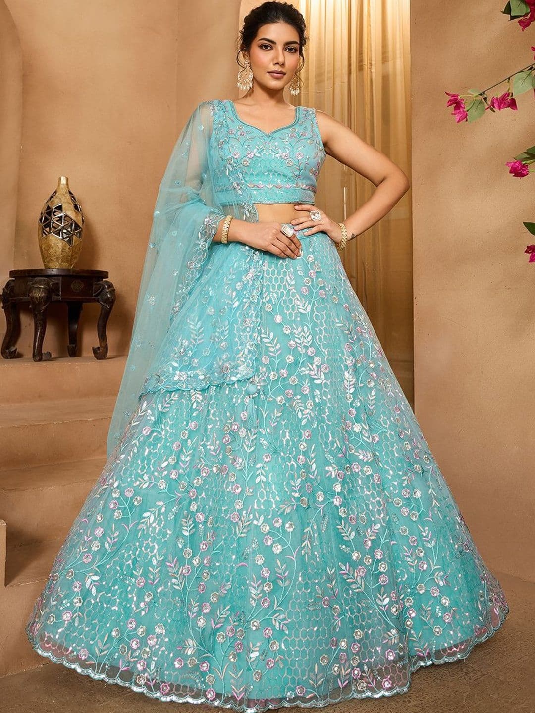 NAVYAAZRI Embroidered Sequinned Semi-Stitched Lehenga & Unstitched Blouse With Dupatta - view 1