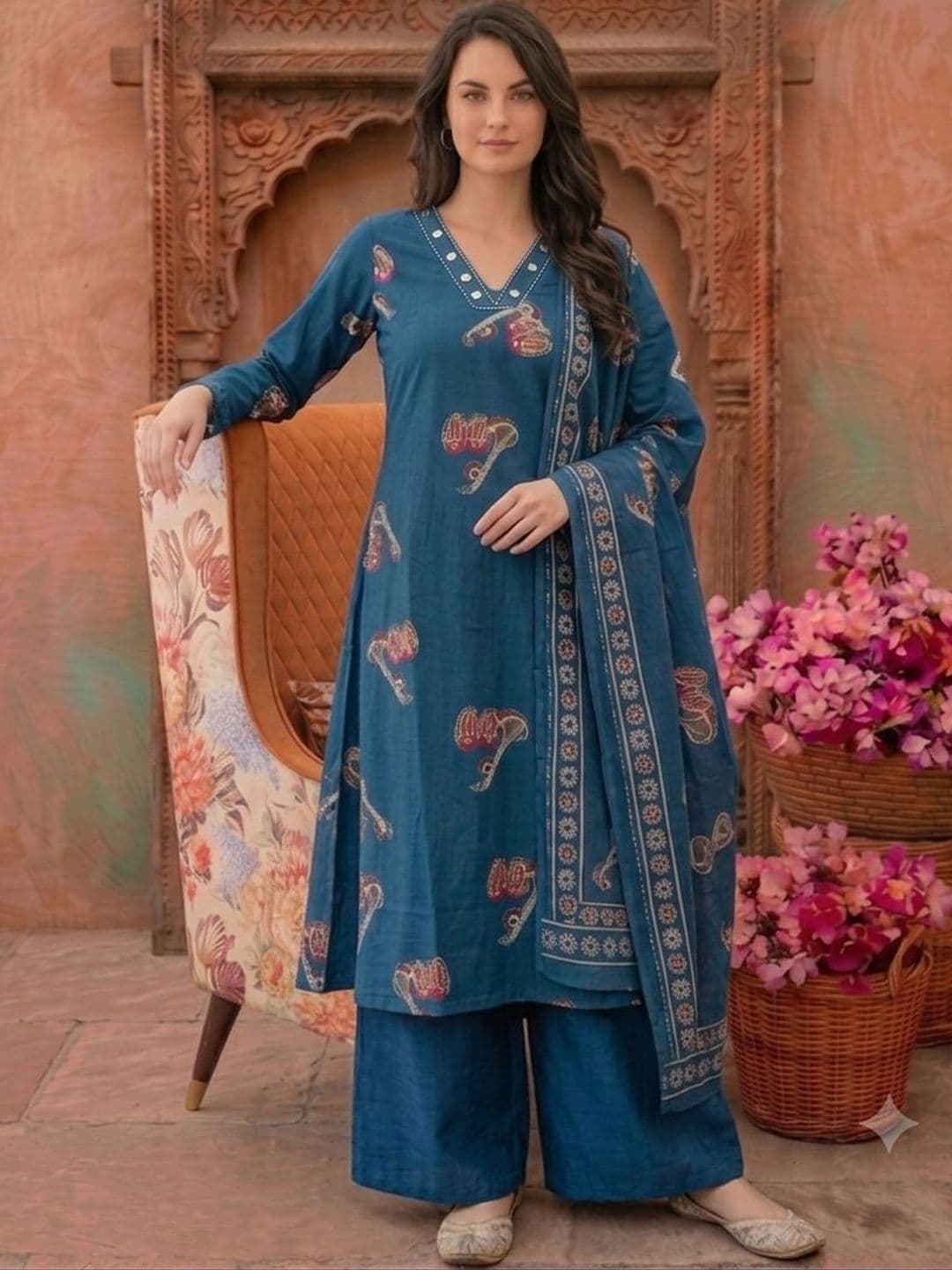 Sangria Women Ethnic Motifs Printed Regular Pure Cotton Kurta with Trousers & With Dupatta - view 1