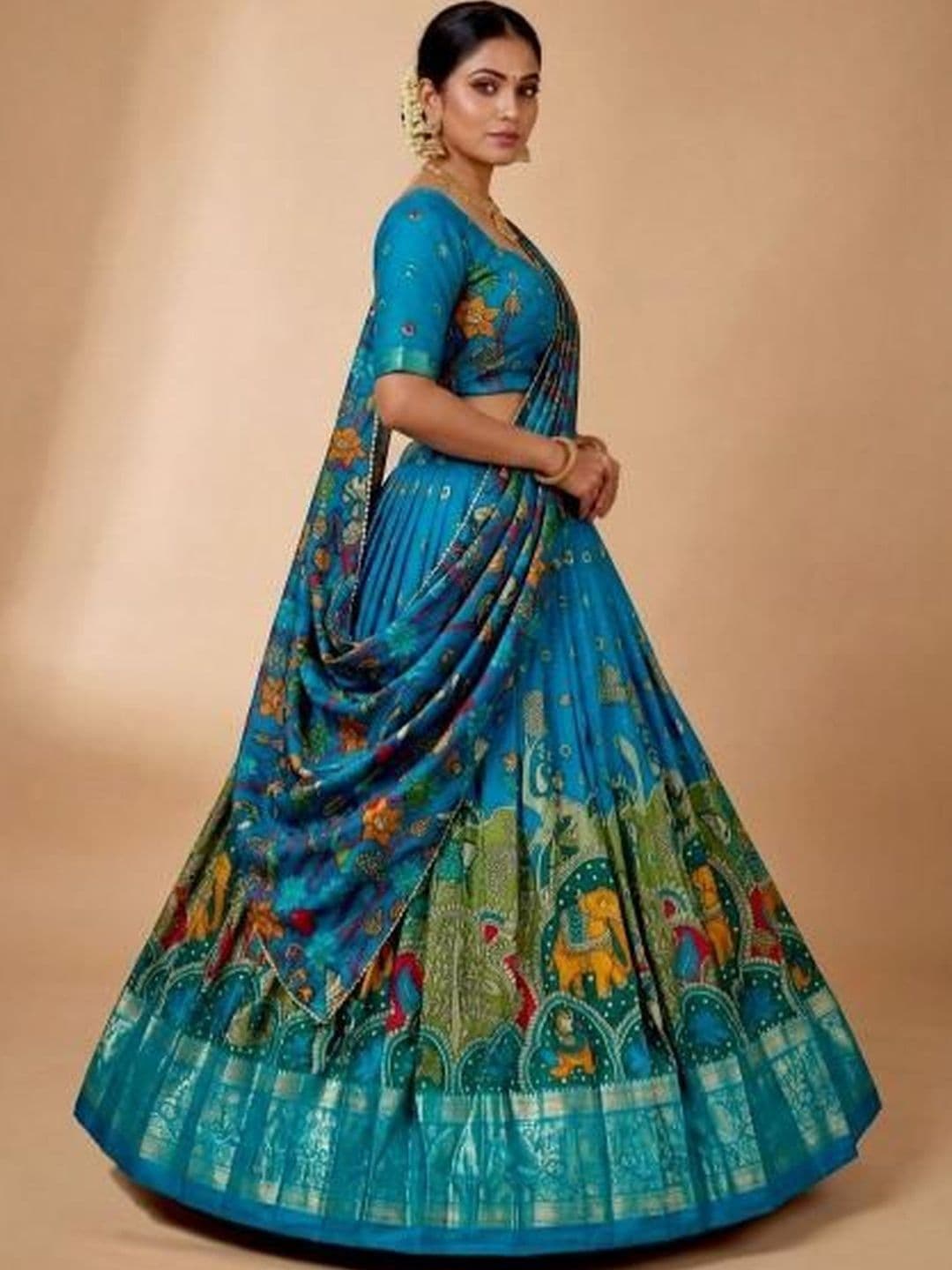 HANISH CREATION Printed Kalamkari Semi-Stitched Lehenga & Blouse Taping - view 1