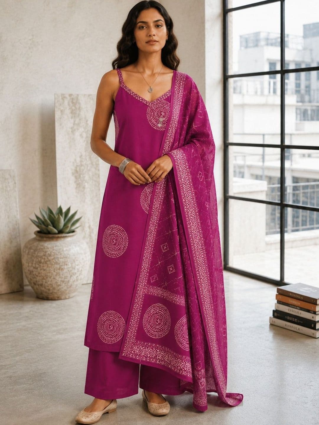Sangria Women Ethnic Motifs Printed Regular Pure Cotton Kurta with Palazzos & With Dupatta - view 1