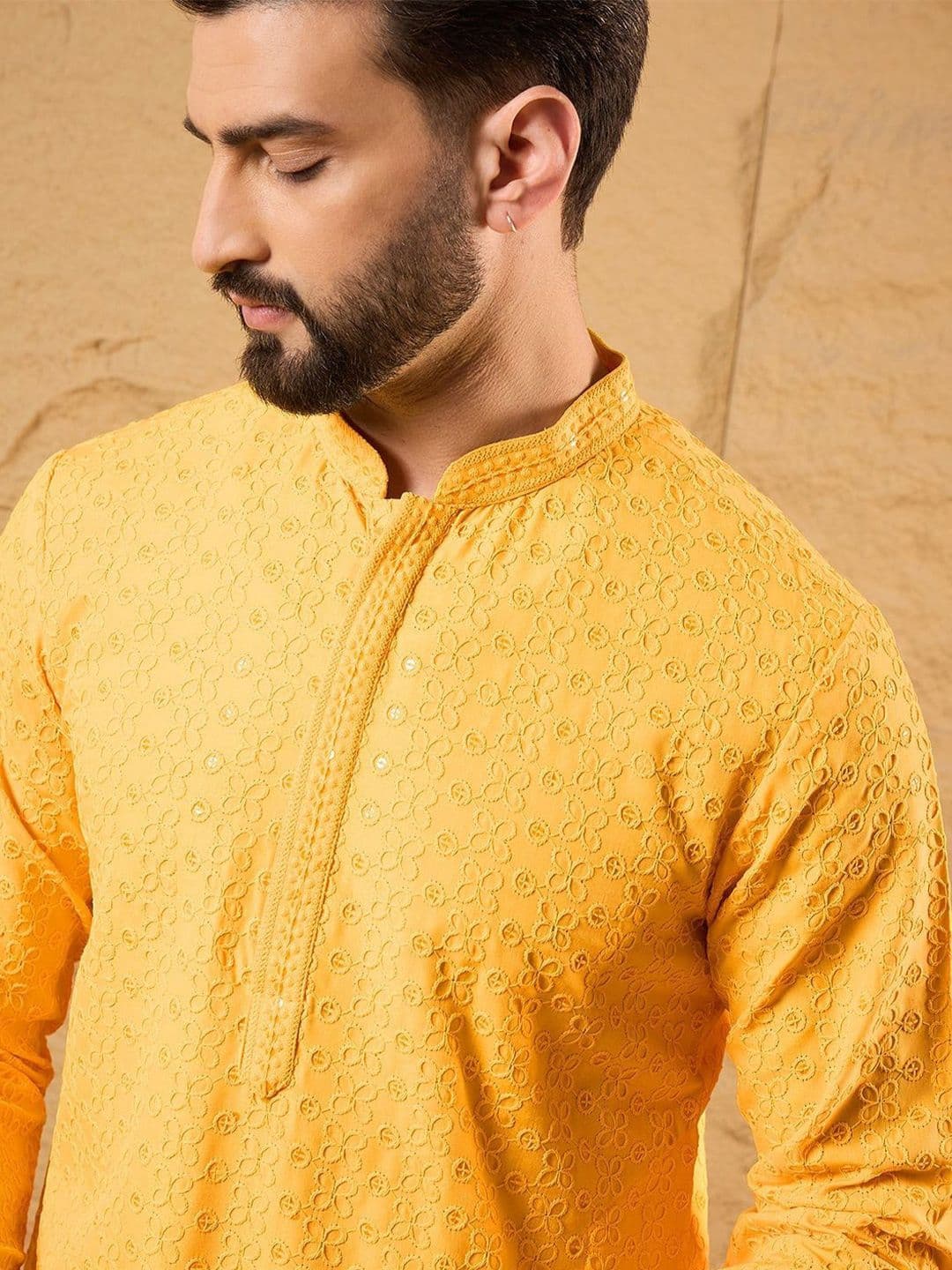 House of Pataudi Embroidered Thread Work Mandarin Collar Straight Kurta - view 1