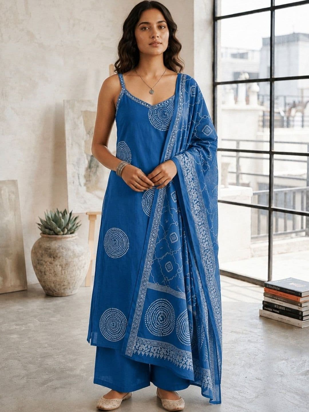 Sangria Women Ethnic Motifs Printed Regular Pure Cotton Kurta with Palazzos & With Dupatta - view 1