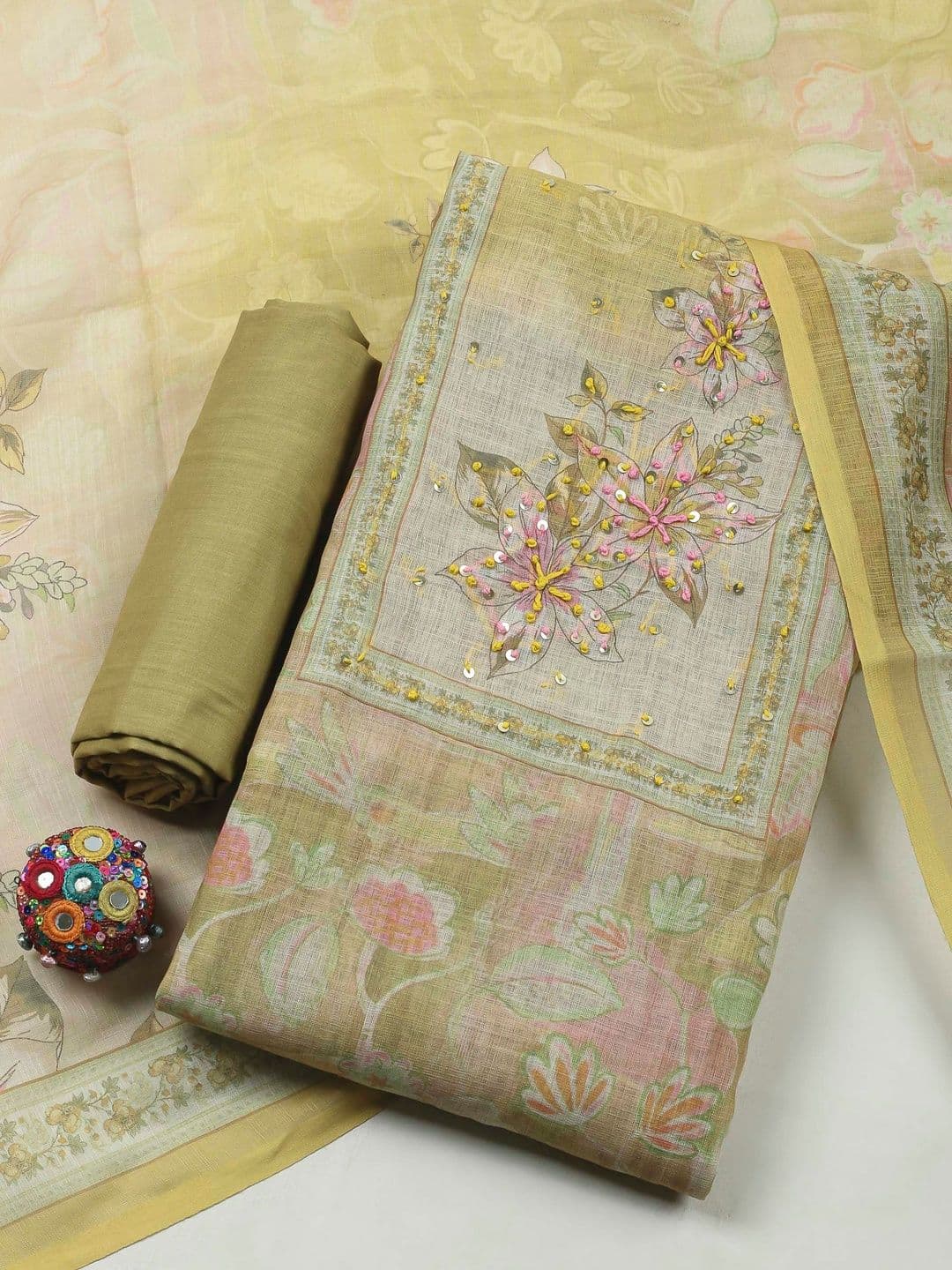 Meena Bazaar Printed Art Silk Unstitched Dress Material - view 1