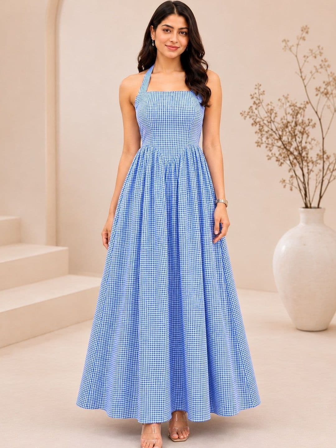 SHEETAL Associates Checked Halter Neck Crepe Maxi Dress - view 1