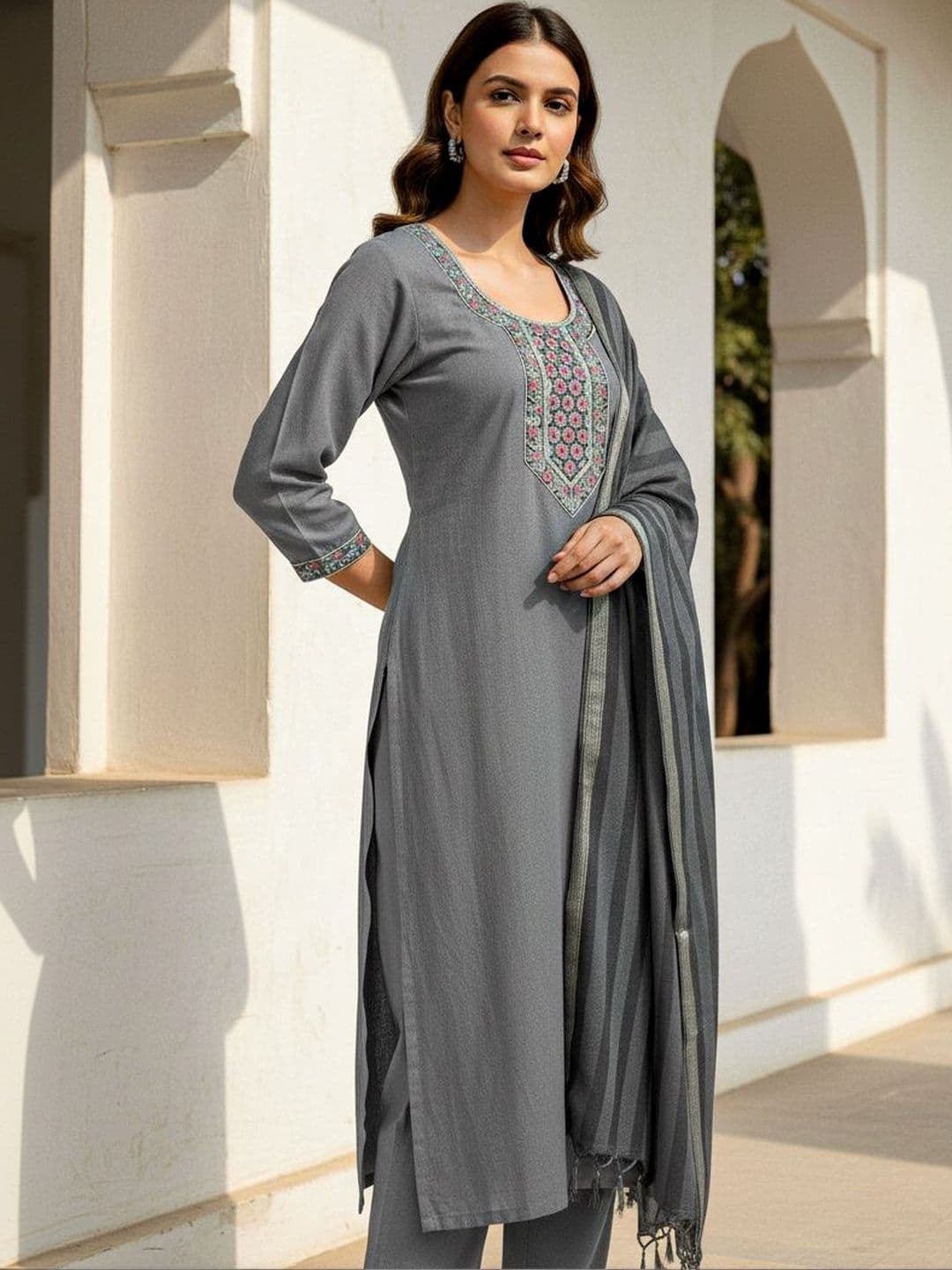 BILANZA Women Ethnic Motifs Embroidered Regular Thread Work Kurta with Trousers & With Dupatta - view 1