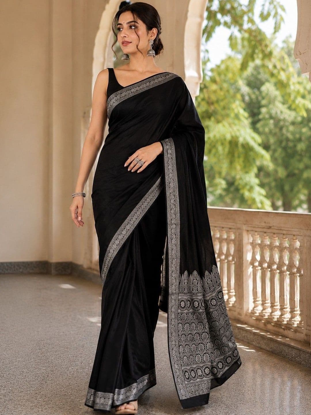 Prisan Women Black Woven Banarasi Soft Silk Saree with Unstitched Blouse - view 1