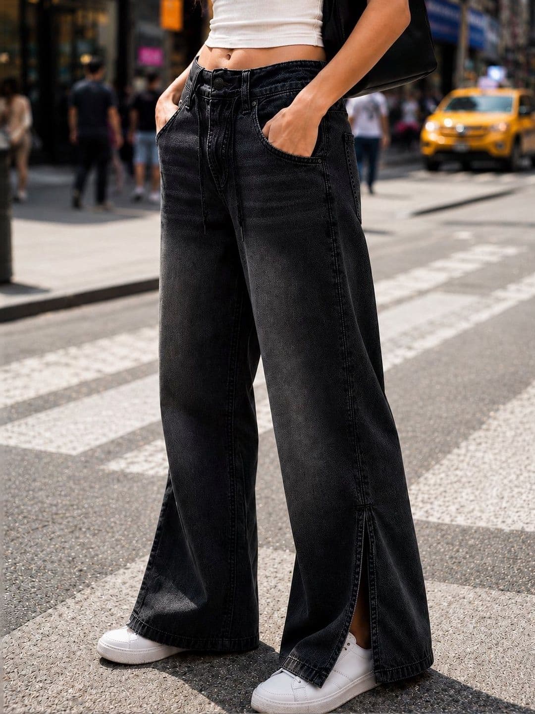 Bene Kleed Women Black Relaxed Fit Jeans With Drawstring & Slit Detail - view 1