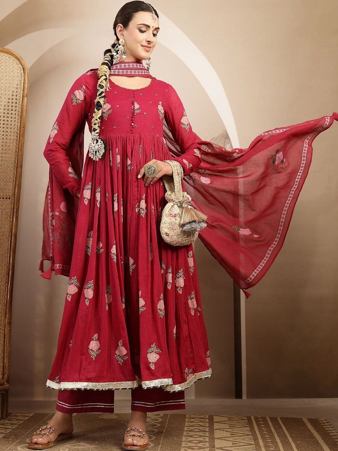 KIMAYRA Women Floral Printed Empire Gotta Patti Pure Cotton Kurta with Palazzos & With Dupatta - view 1