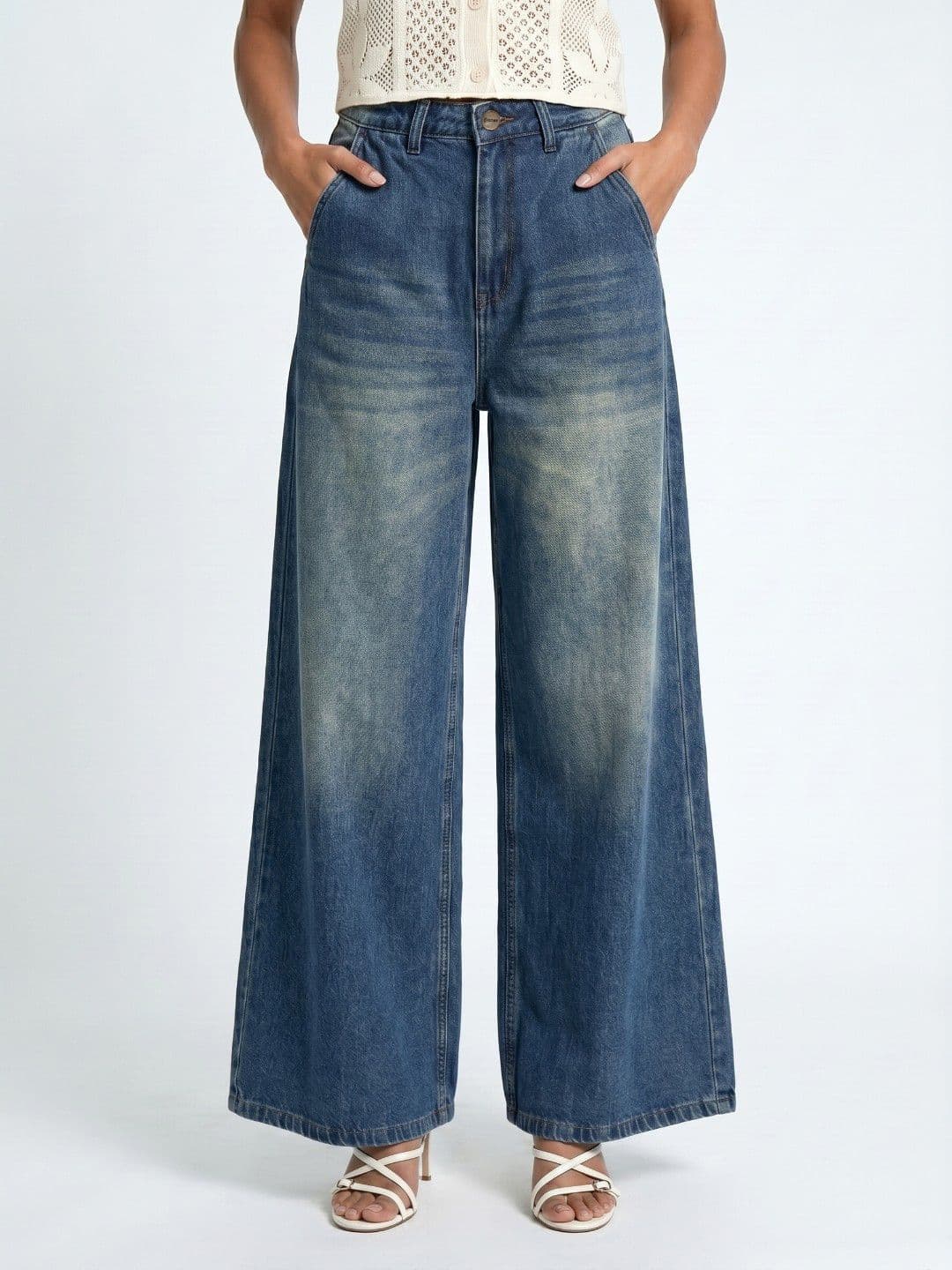 glitchez Women Wide Leg Mid-Rise Light Fade Jeans - view 1