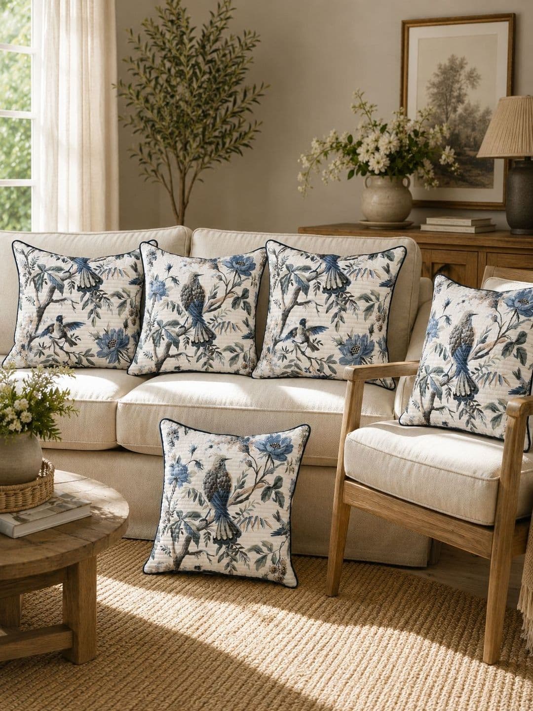 Clasiko White & Blue Set of 5 Floral Cotton Square Cushion Covers - view 1