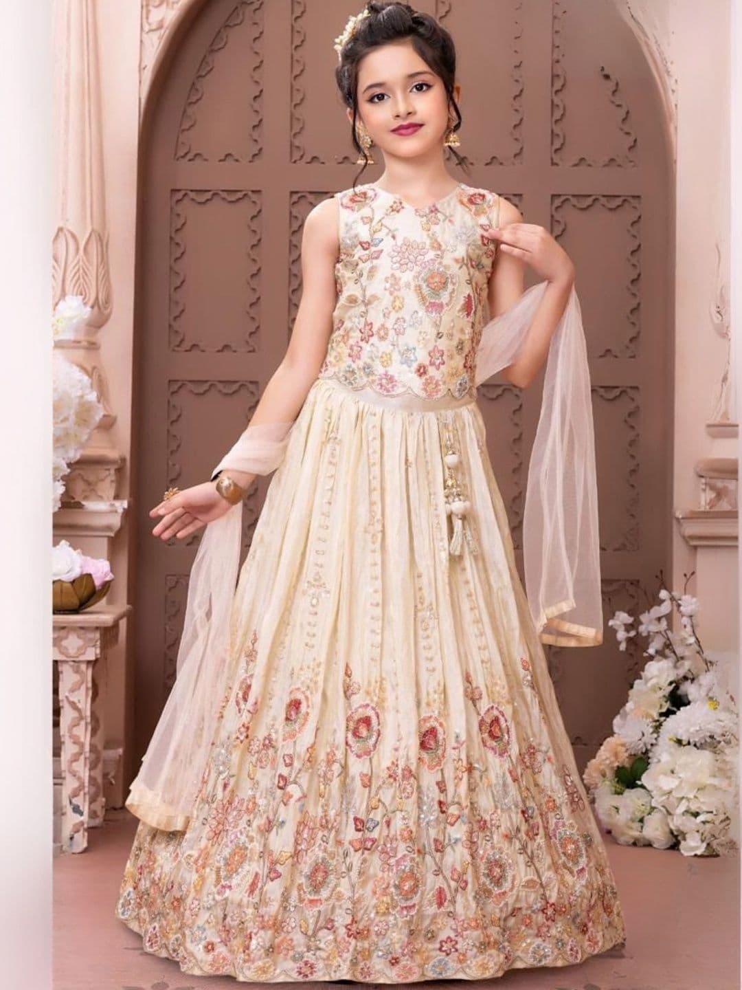 Lagorii Girls Embroidered Thread Work Ready to Wear Lehenga & Blouse With Dupatta - view 1