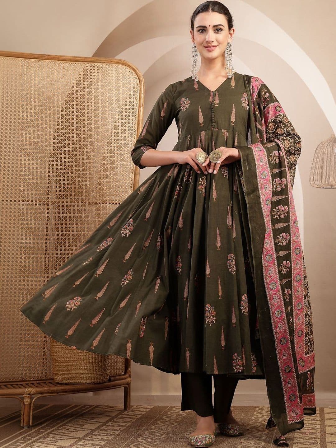 KIMAYRA Women Ethnic Motifs Printed Regular Pure Cotton Kurta with Trousers & With Dupatta - view 1