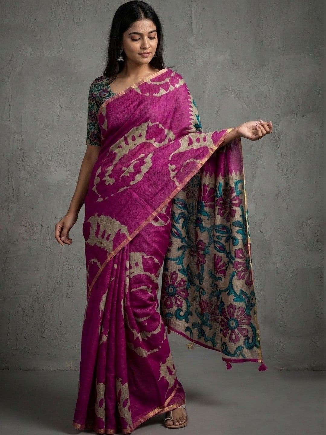 Peachmode Women's Magenta Abstract Printed Linen Saree with Unstitched Blouse Piece - view 1