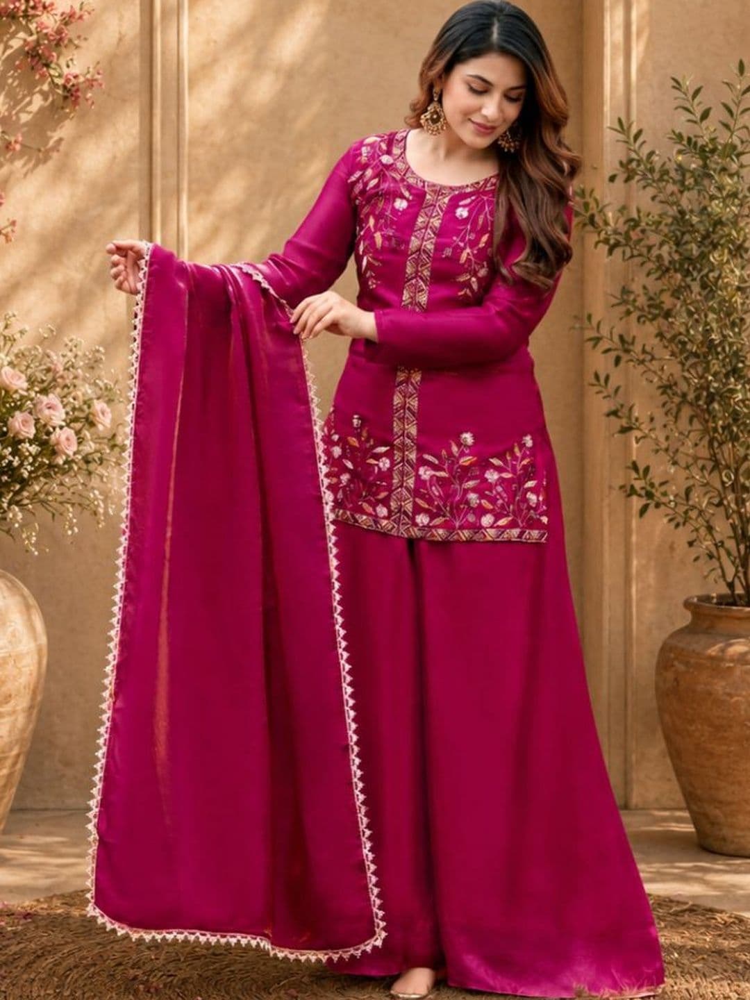 Sangria Women Ethnic Motifs Embroidered Regular Thread Work Kurta with Sharara & With Dupatta - view 1