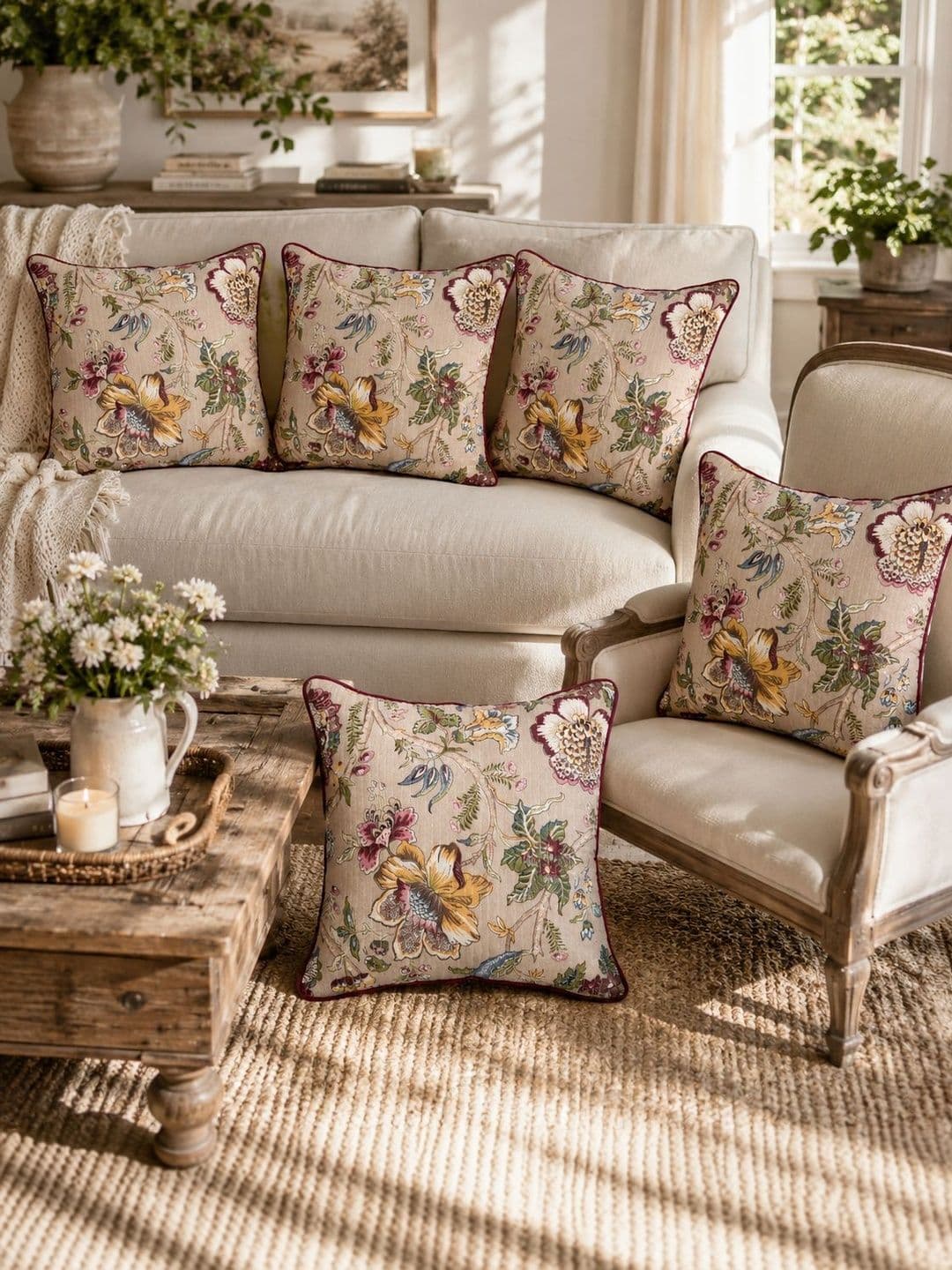 Clasiko Beige Floral Cotton Lightweight 5 Piece Square Cushion Covers - 16 x 16 Inches - view 1