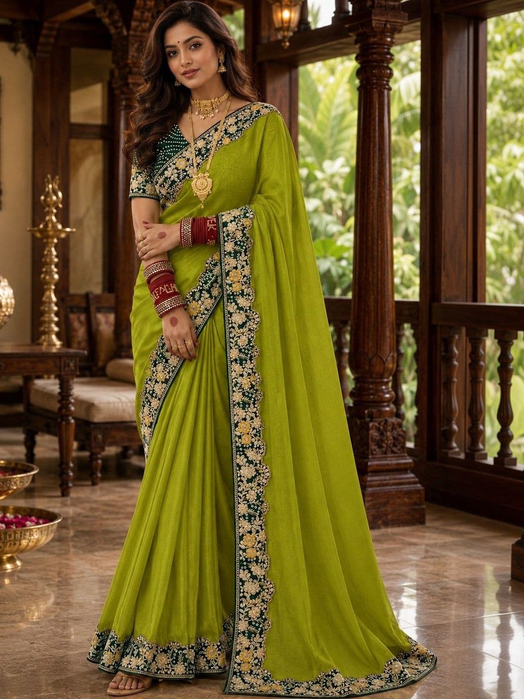 Sangria Floral Embroidered Poly Chiffon Saree - view 1