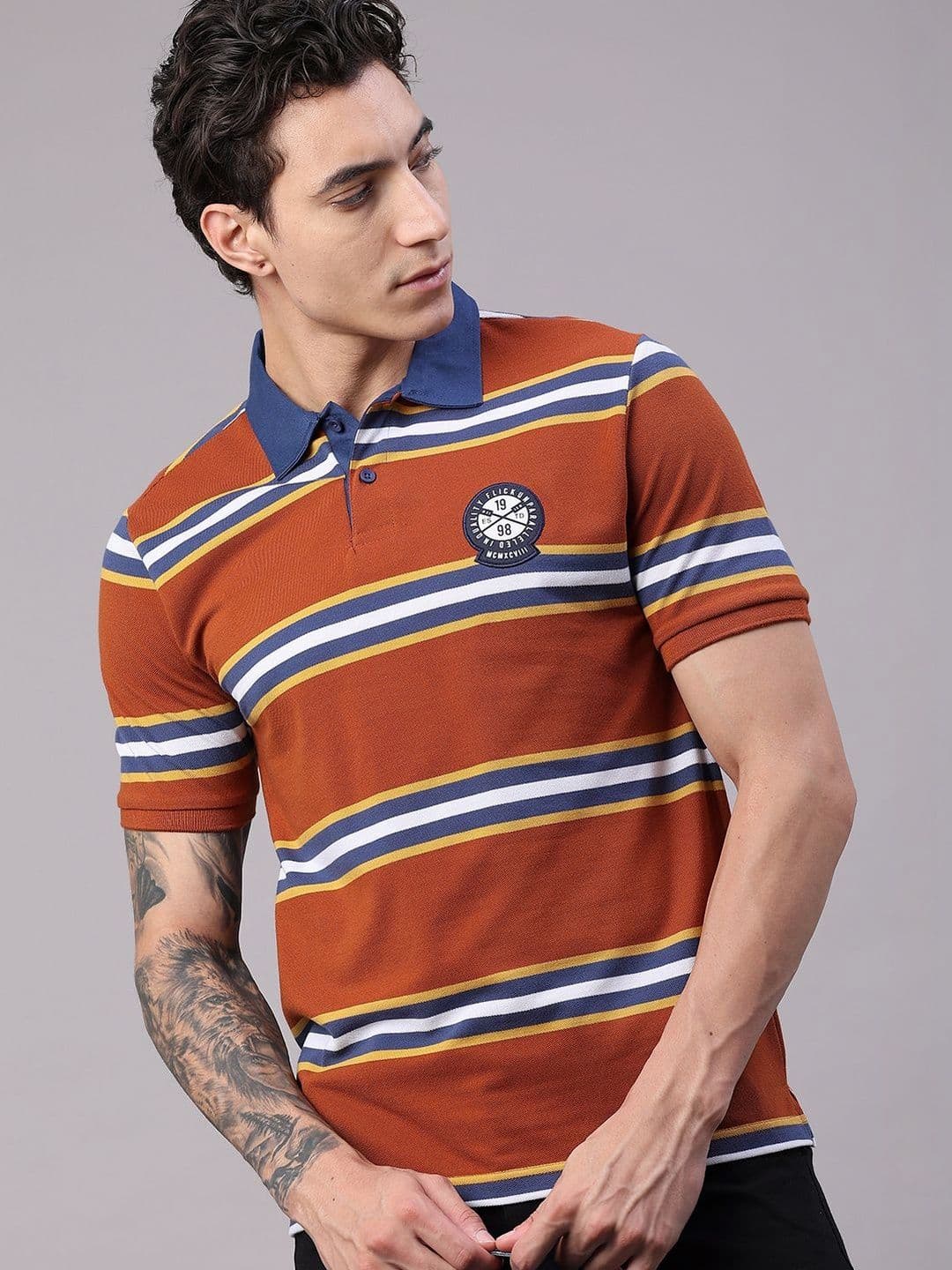 V-Mart Men Striped Polo Collar Applique T-shirt - view 1