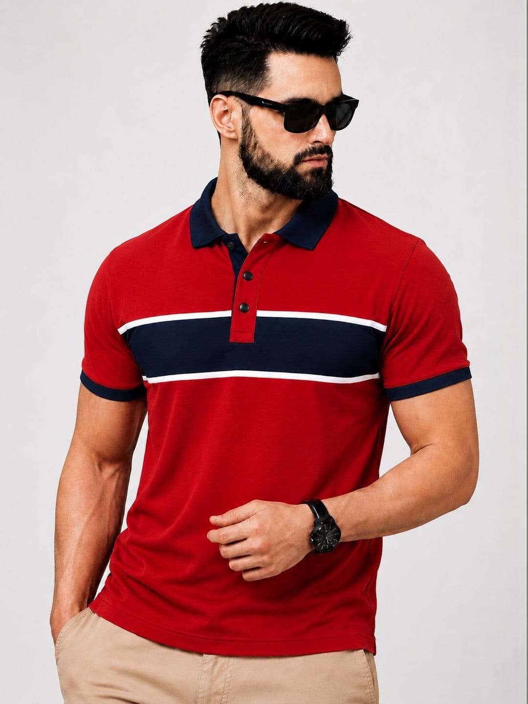 AUTNA Red Colourblocked Polo Collar T-shirt - view 1