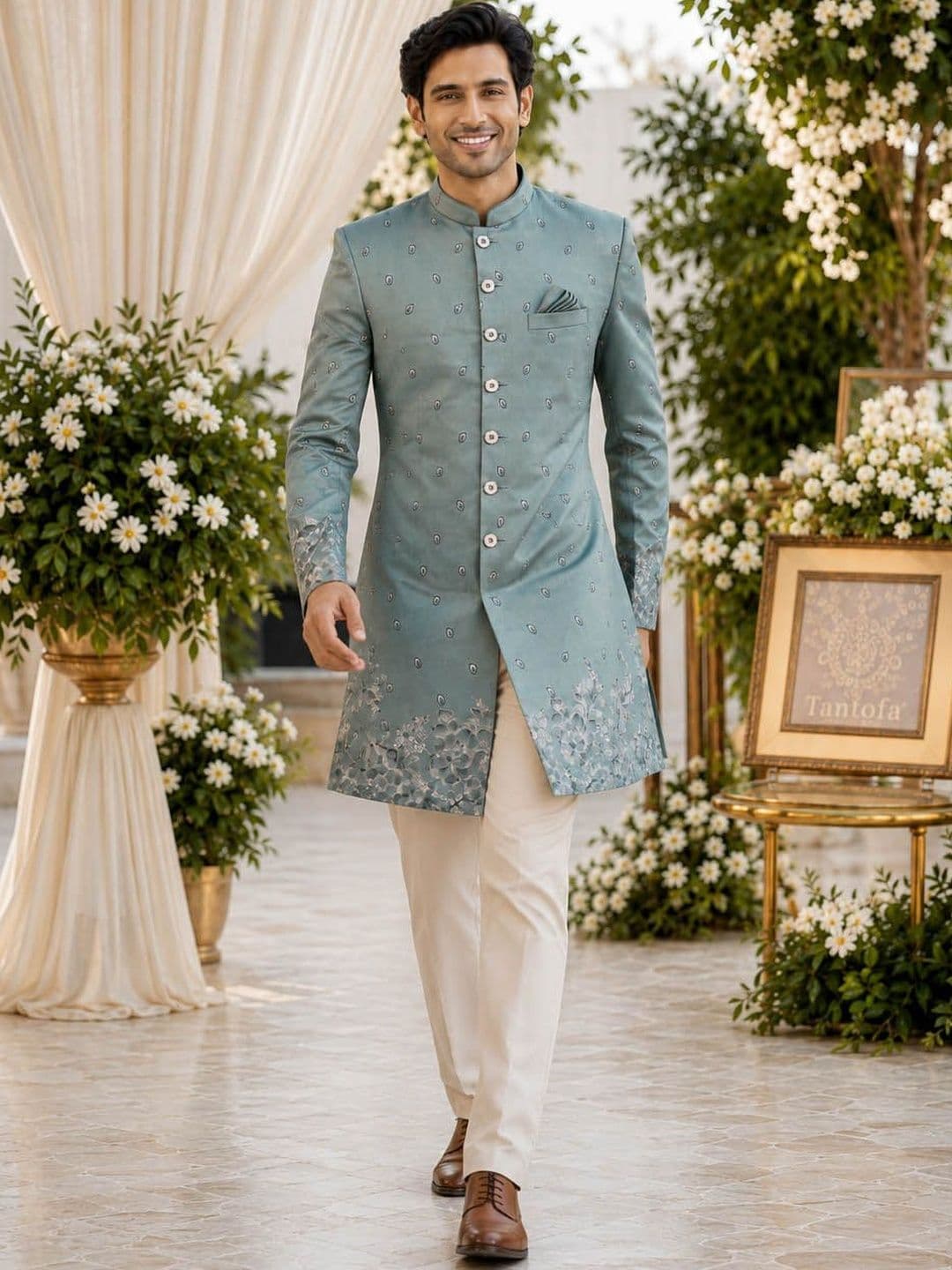 House of Pataudi Dusty Green Floral Jacquard Nawabi Style Indo Western Wedding Sherwani