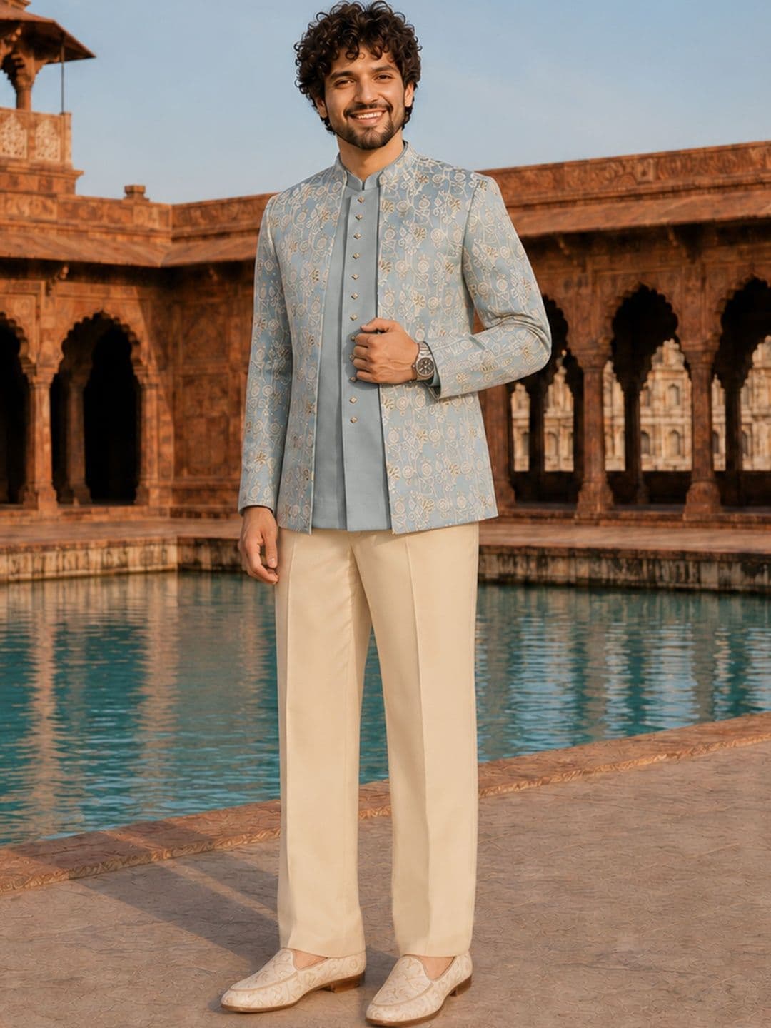 VASTRAMAY Men Aqua Embroidered Front Open Jacket with Semi Jacket & Wide Leg Trouser