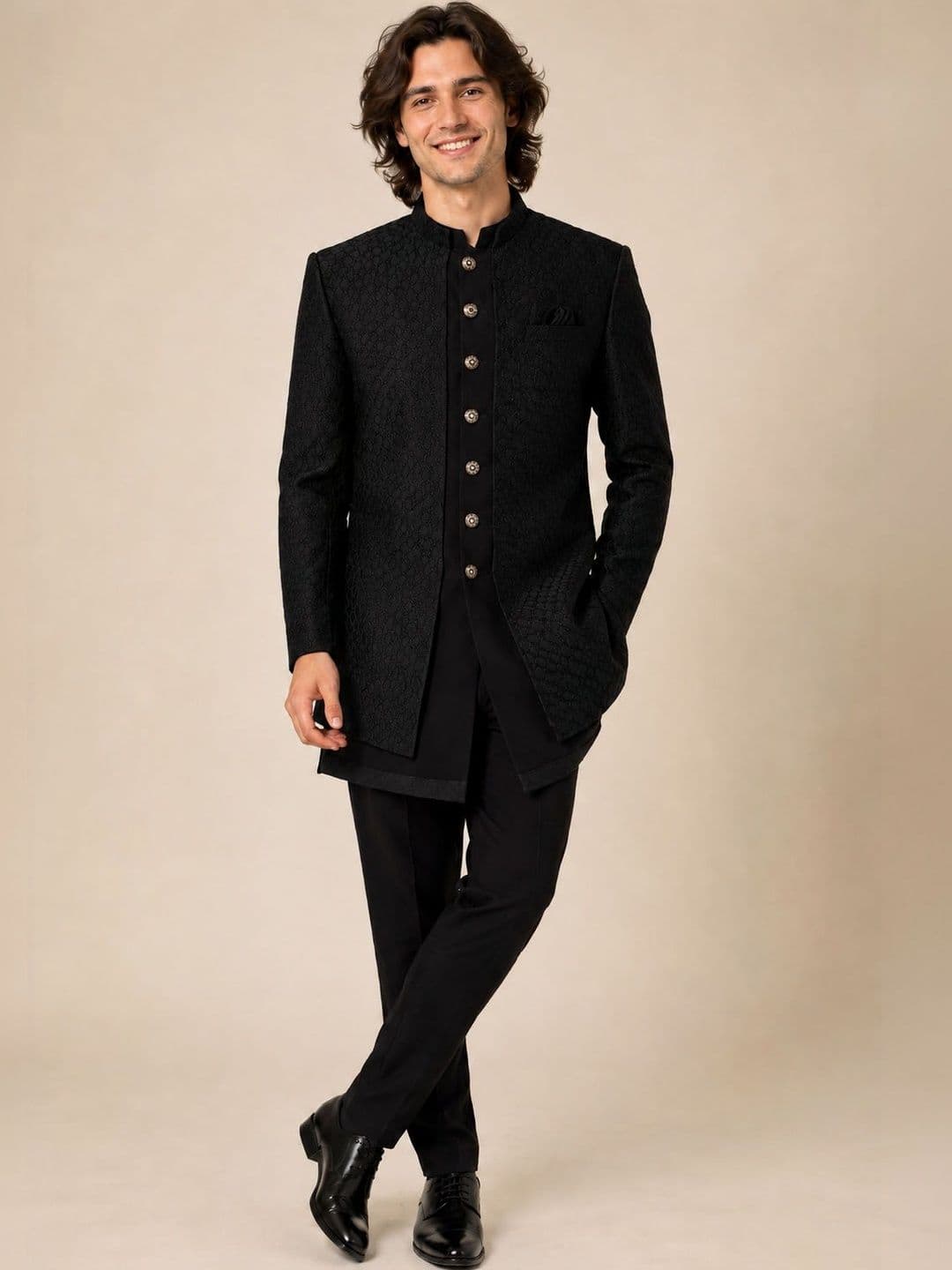 House of Pataudi Men's Black Self-Textured Layered Indo-Western Sherwani with Kurta & Trousers
