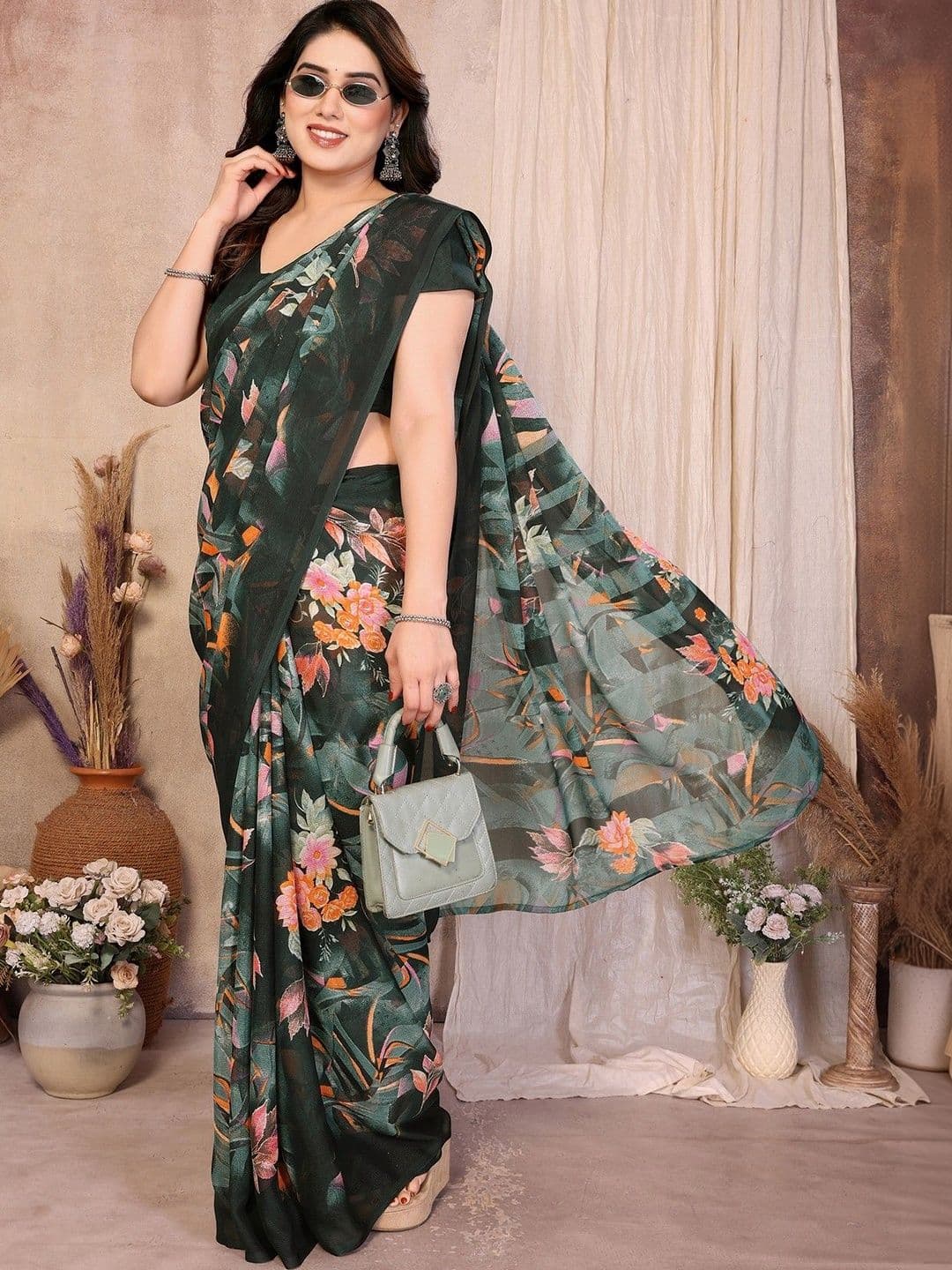 Sangria Floral Printed Poly Georgette Saree - view 1