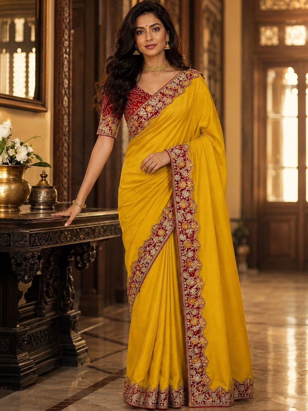 Sangria Floral Embroidered Poly Chiffon Saree - view 1