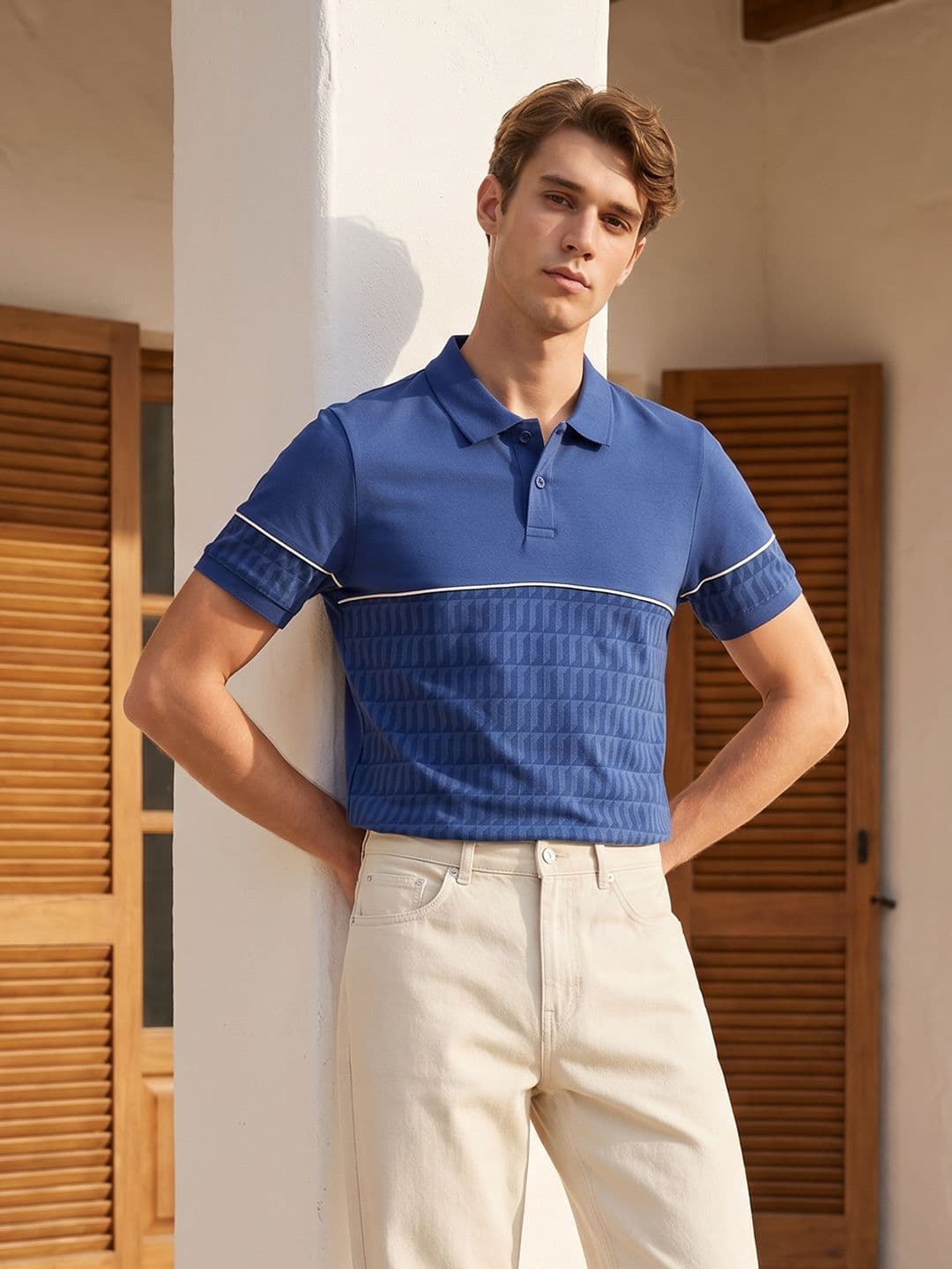 Mast & Harbour Polo Collar Geometric Printed Pure Cotton T-shirt - view 1