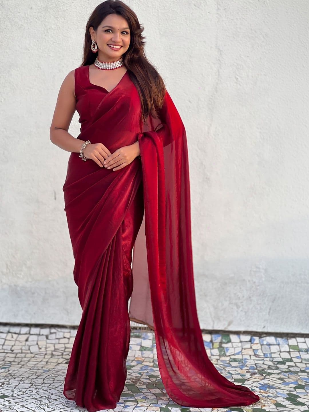all about you Red Shimmer Satin Tissue Saree With Golden Tassels - view 1