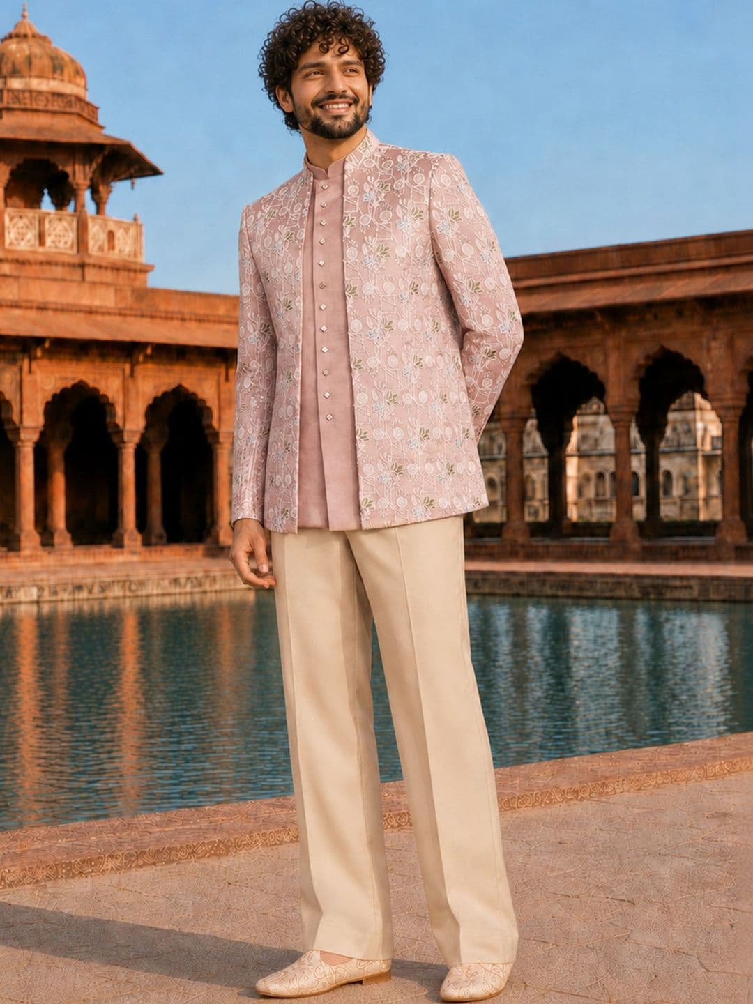 VASTRAMAY Men Pink Embroidered Front Open Jacket with Semi Jacket & Wide Leg Trouser
