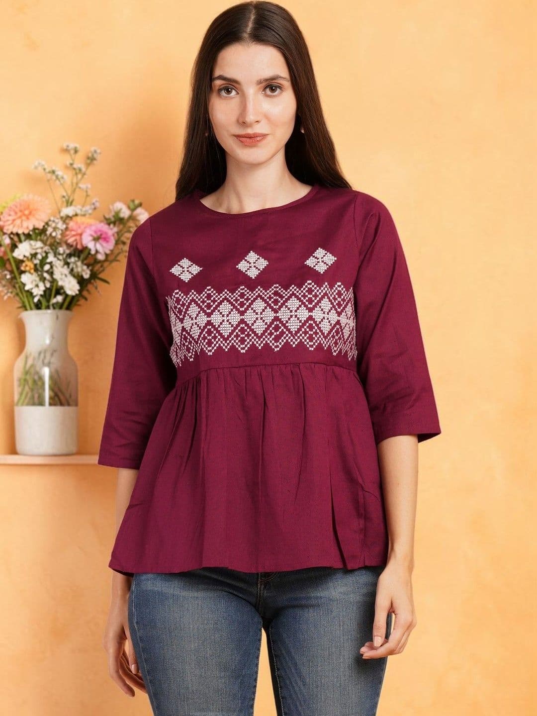 Moda Rapido x Brownverse Floral Embroidered Cotton Blend Top - view 1