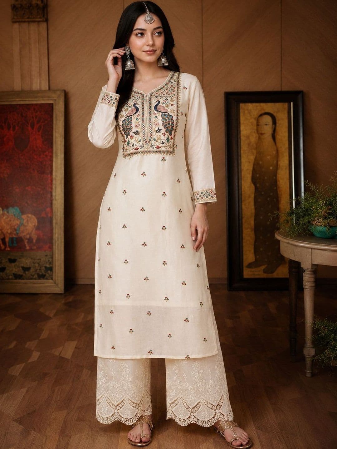 rarethread Ethnic Motifs Embroidered Thread Work V-Neck Long Sleeves Pure Silk Kurta - view 1