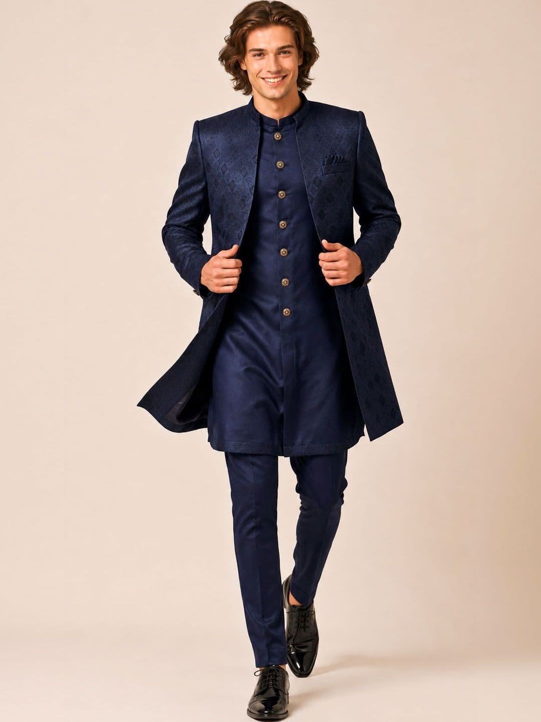 House of Pataudi Men's Navy Blue Self-Jacquard Layered Indo-Western Sherwani with Matching Trousers