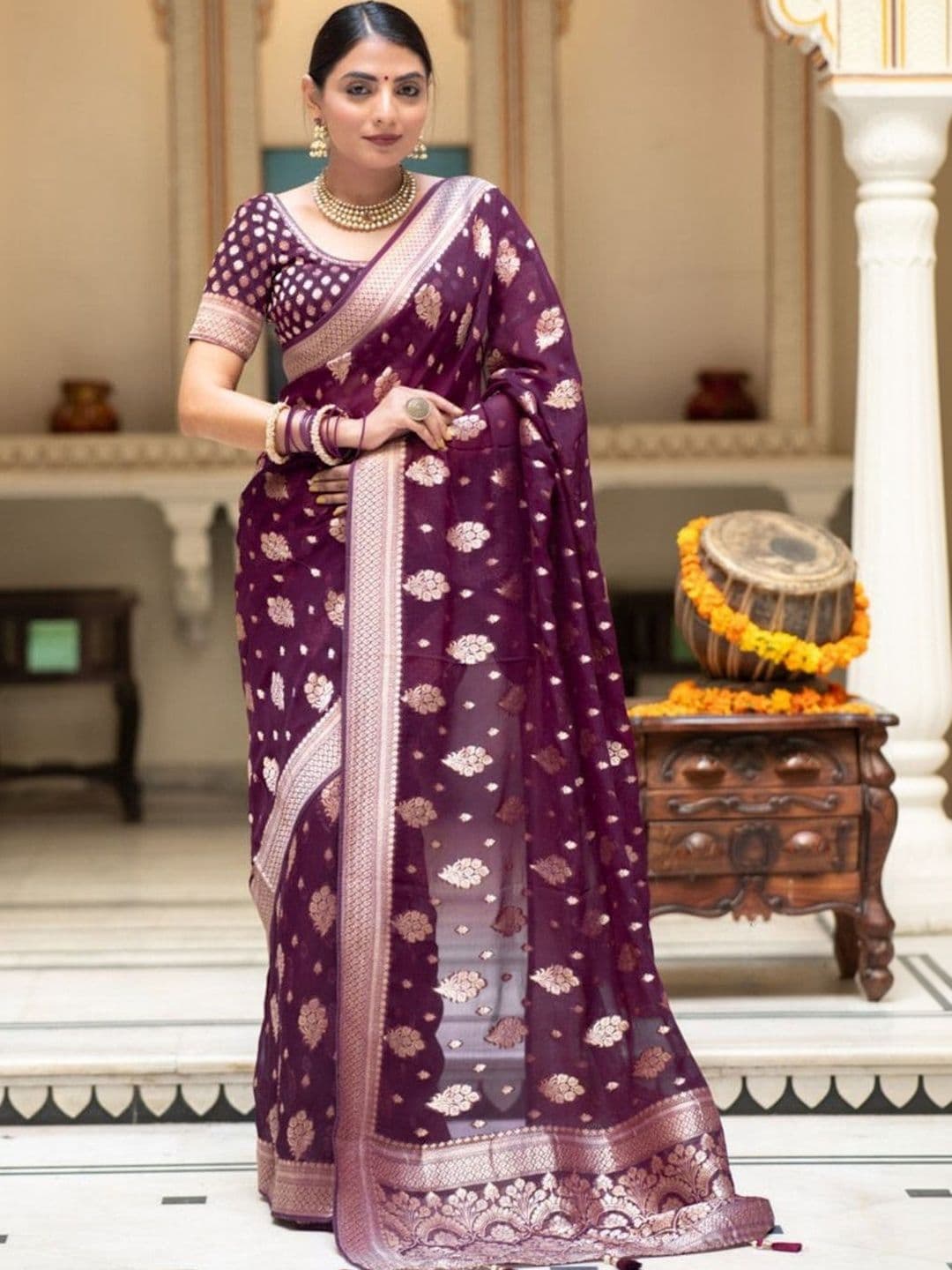 Sangria Ethnic Motifs Zari Silk Blend Designer Banarasi Saree - view 1