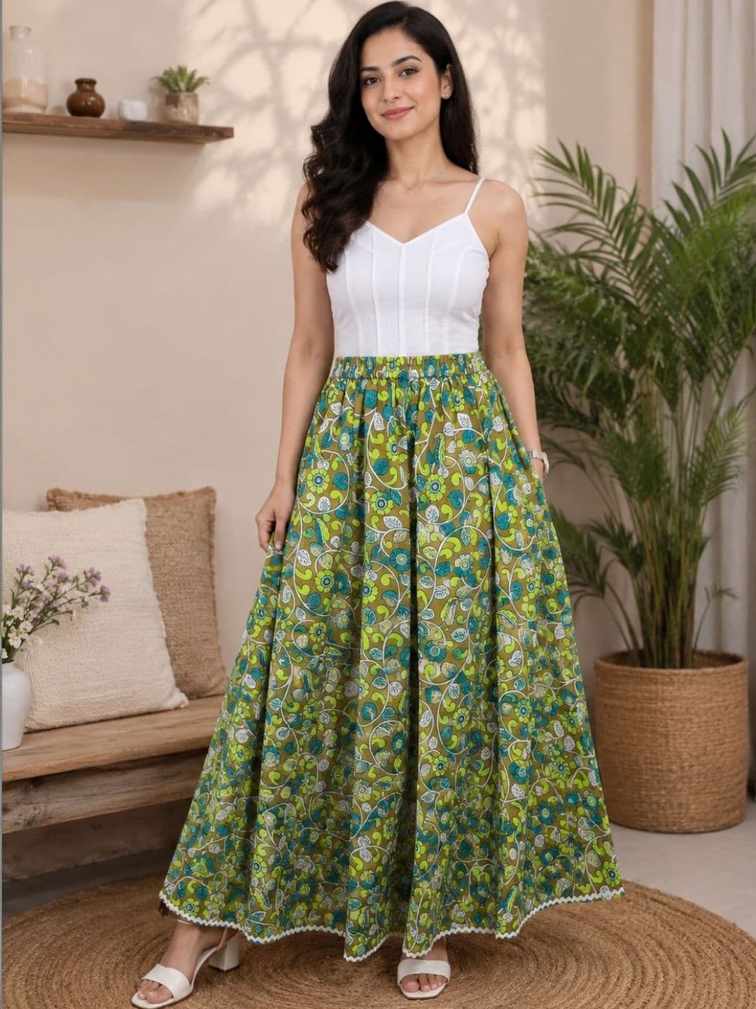 WineRed Women Pure Cotton Cotton Cambric Floral Maxi Flared Skirt - view 1