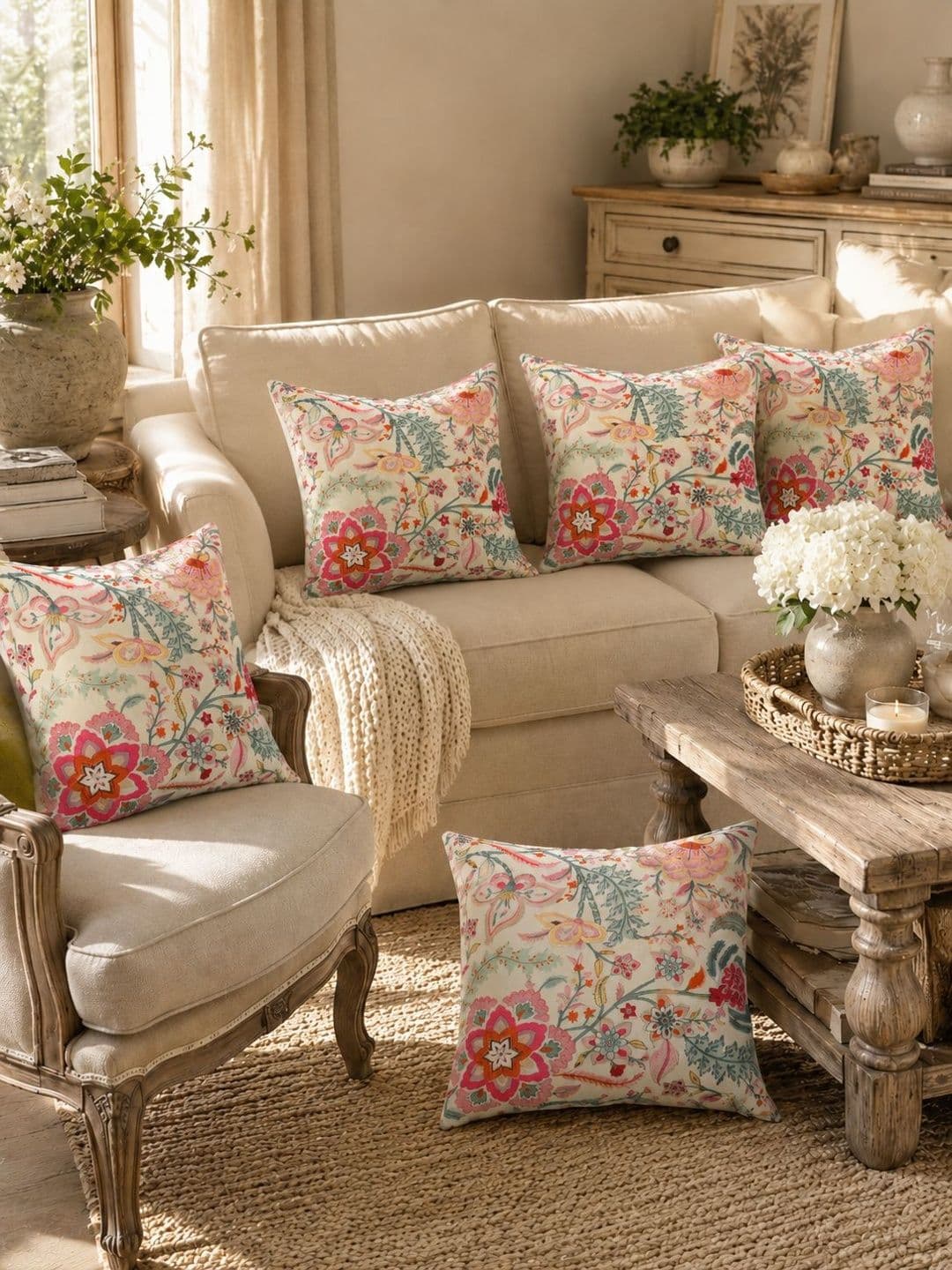 Clasiko Autumn Sedum Floral Cotton 5 Pcs Square Cushion Covers - 20 x 20 In - view 1