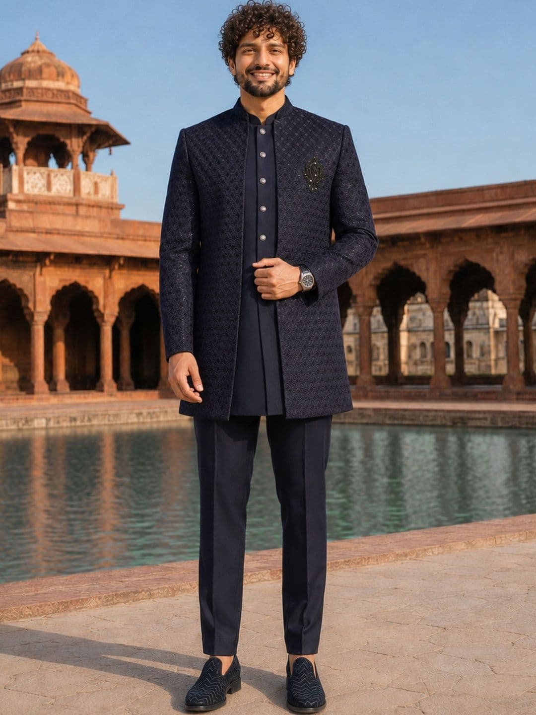 VASTRAMAY Men Navy Blue Jacquard Indo with Semi Indo & Trouser
