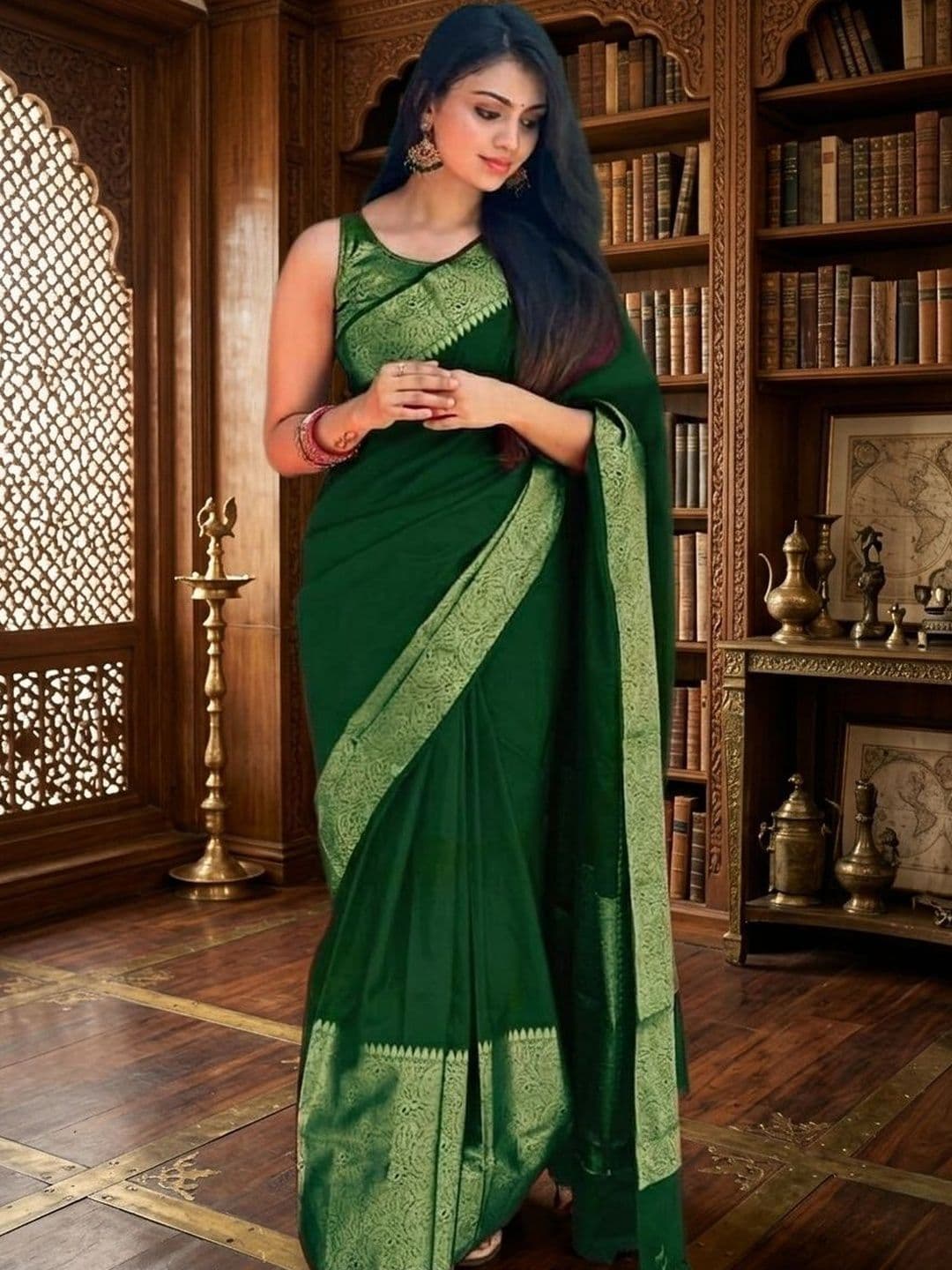 RUTVA FASHION Ethnic Motifs Woven Design Zari Art Silk Banarasi Saree - view 1