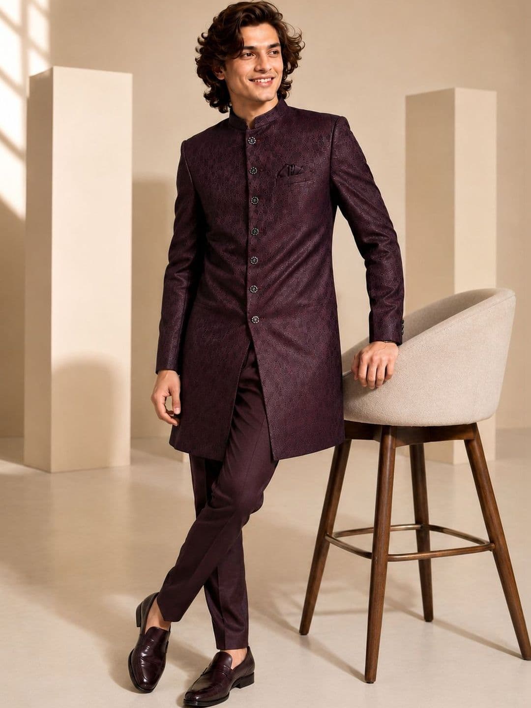 House of Pataudi Men's Wine Self-Jacquard Wedding Sherwani with Matching Trousers