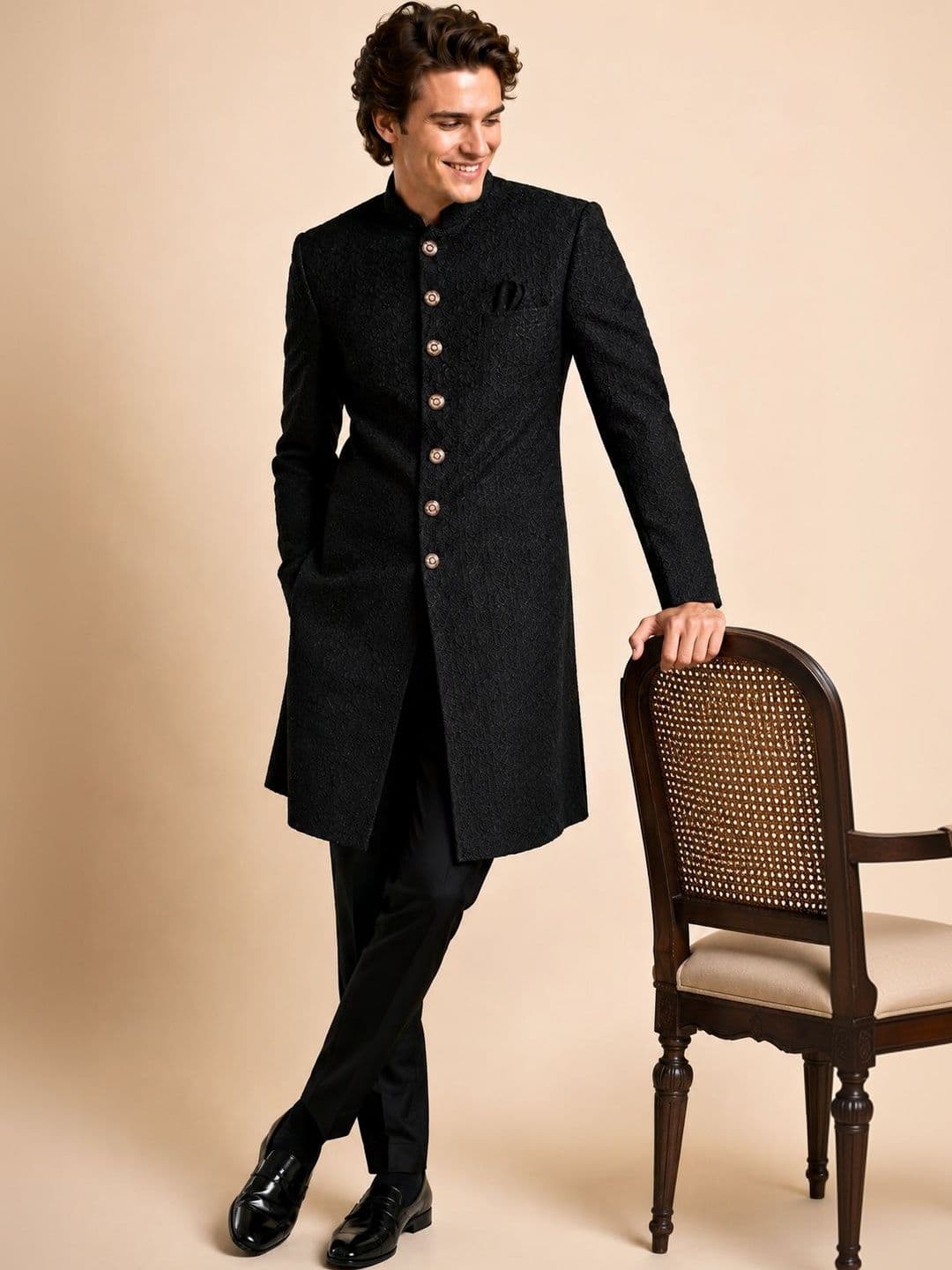 House of Pataudi Men's Black Self-Embroidered Wedding Sherwani with Matching Trousers