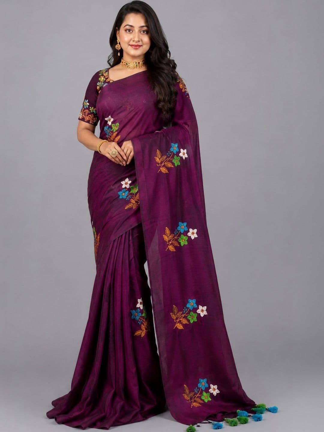 READYMART Woven Design Embroidered Pure Cotton Handloom Saree - view 1