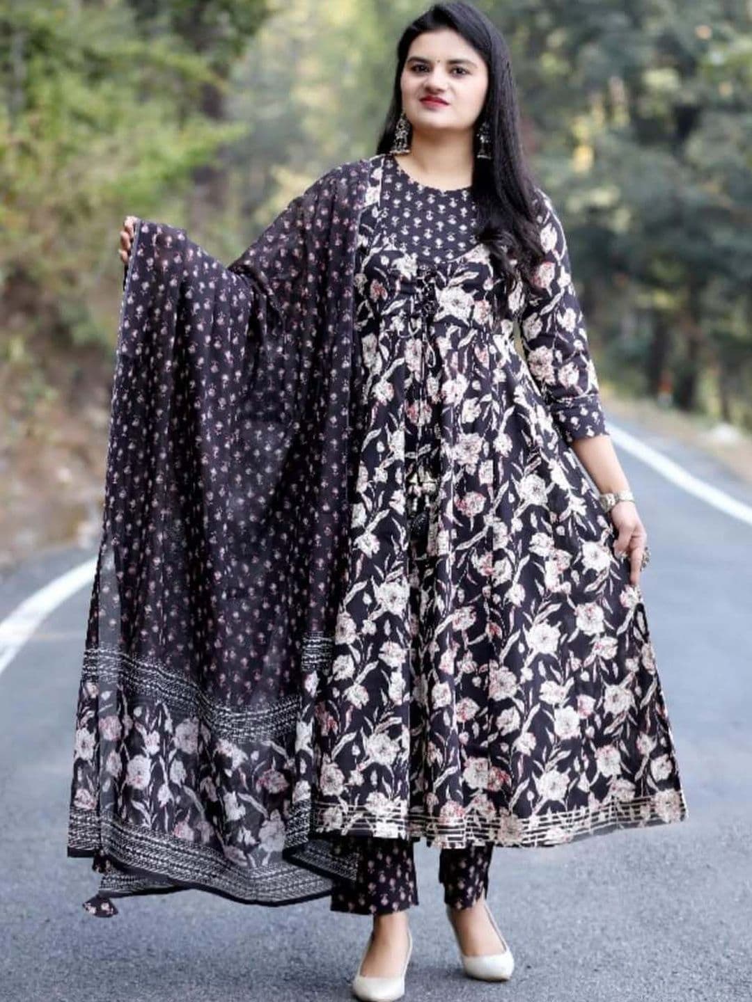 KULDEVYANI Floral Printed Round Neck Empire Kurta With Trousers & Dupatta - view 1