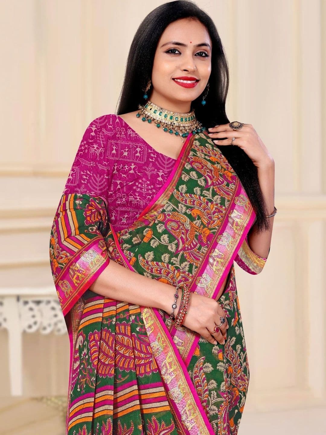 SONARIKA CREATION Kalamkari Pure Cotton Designer Block Print Saree - view 1