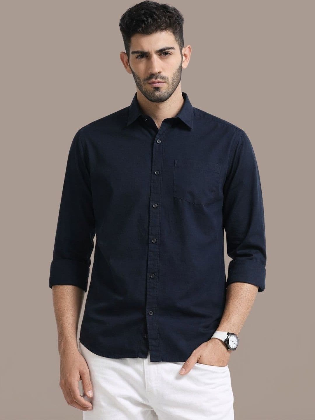 UNSEEN Men Solid Cotton Linen Casual Shirt - view 1