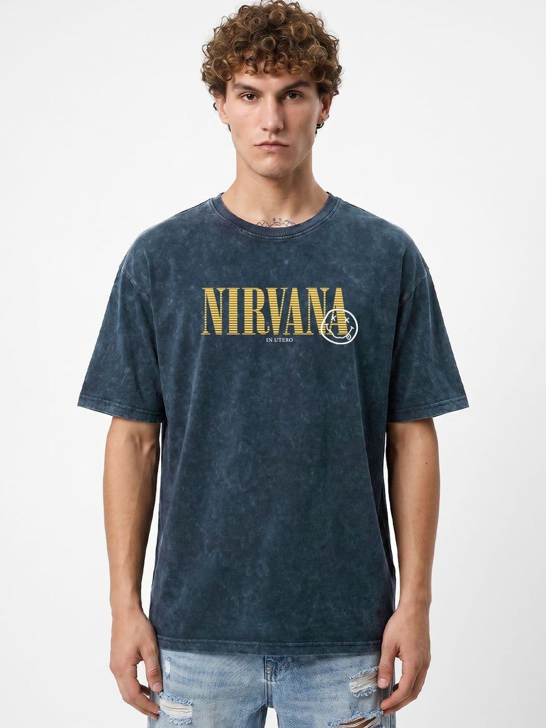 Crazymonk Men Nirvana Acid Wash Graphic Printed Oversized Cotton T-shirt - view 1