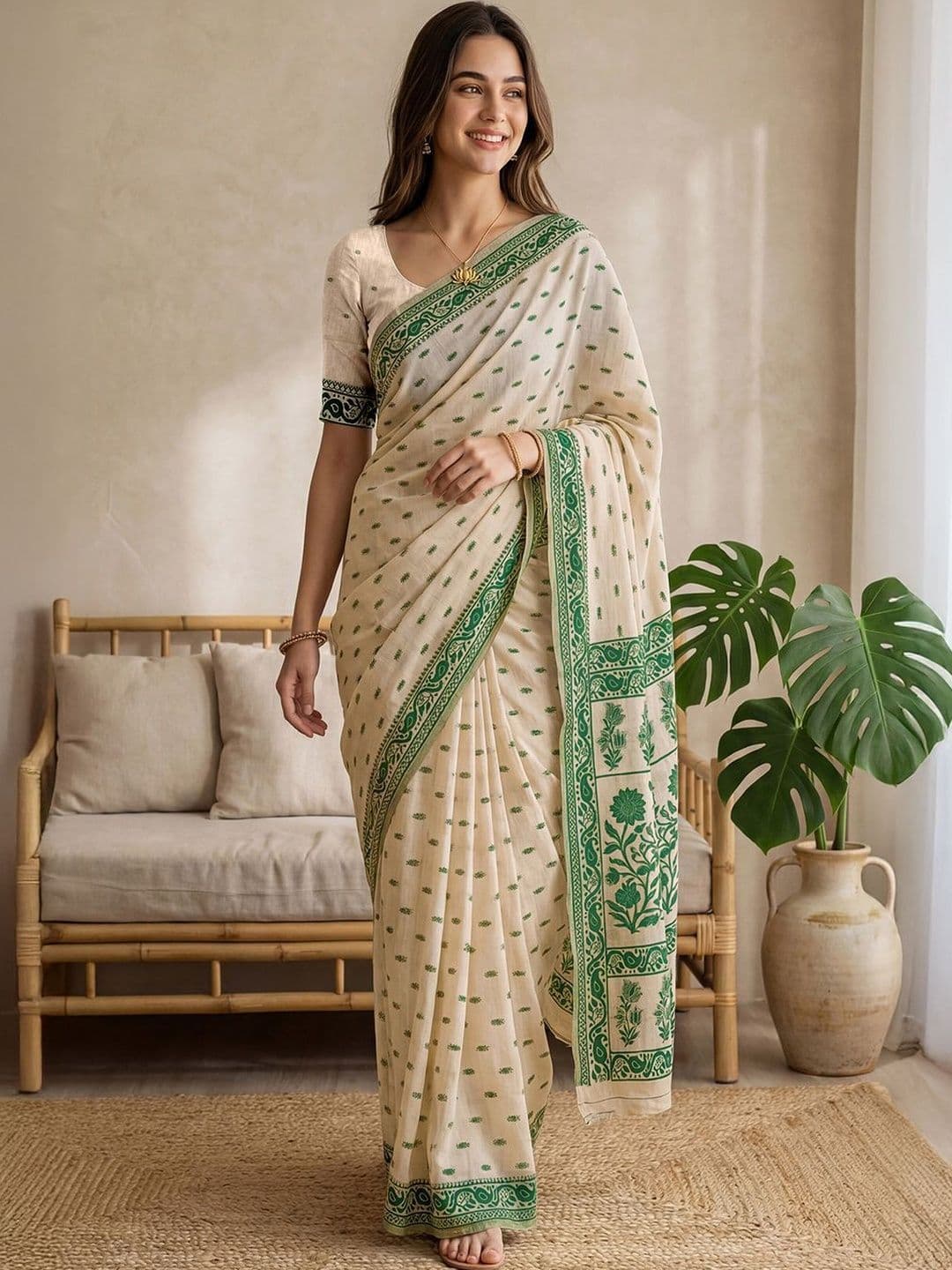 Mitera Floral Pure Cotton Jamdani Saree - view 1